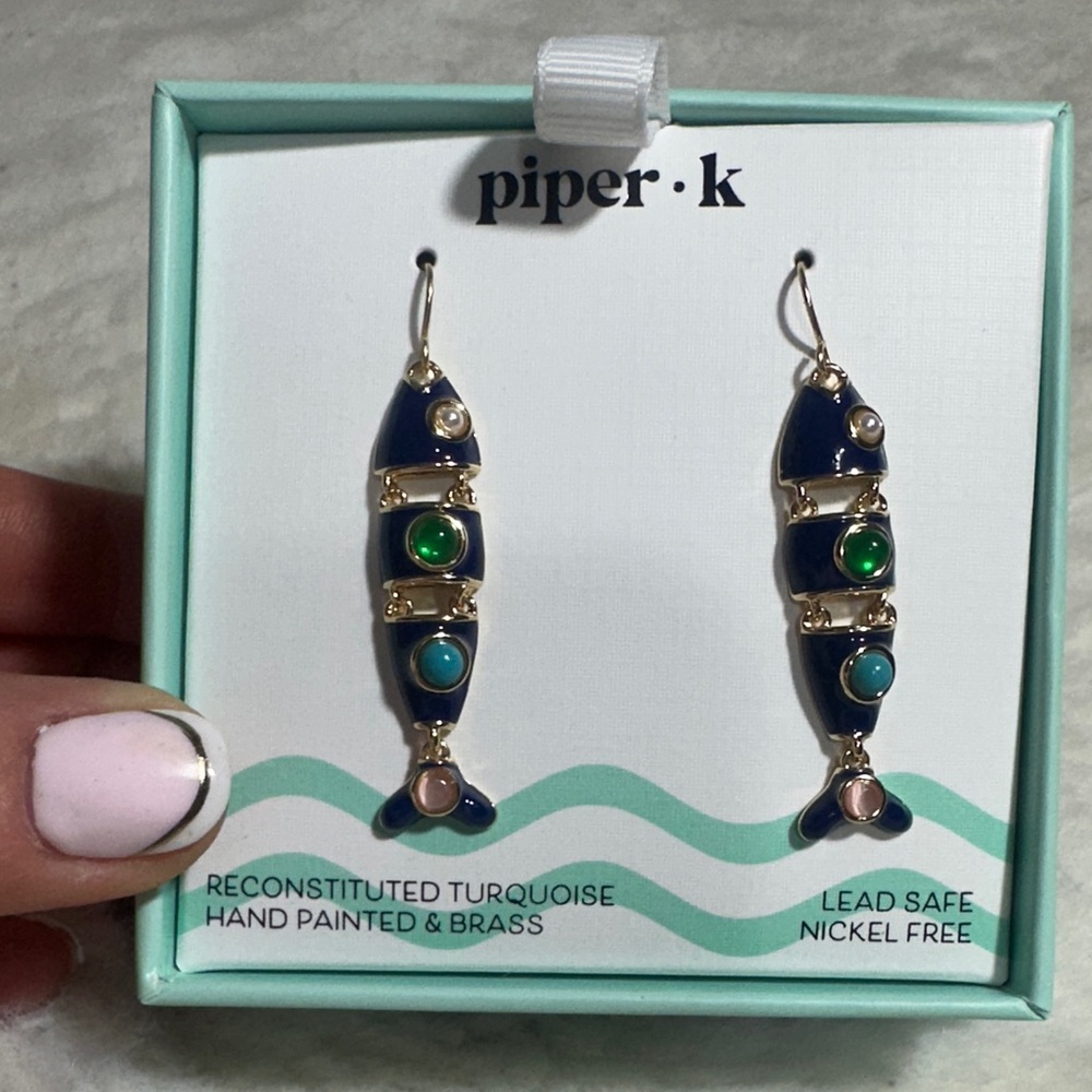 Piper K reconstituted, turquoise, hand-painted, brass dangle fish earrings